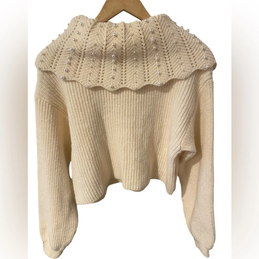ZARA CREAM CABLE KNIT PEARL EMBELLISHED OVERSIZED COLLAR SWEATER SZ SMALL - Picture 6 of 9